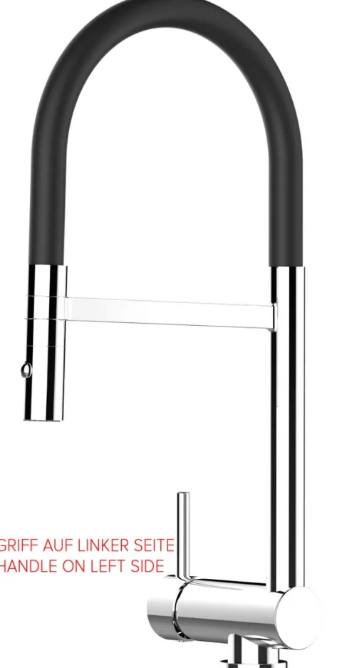 Wasserhahn Vorfenster Küchenarmatur, Umklappbar 6 CM, LINKER HEBEL, mit 360° schwenkbarem Auslauf abnehmbare 2 strahl Handbrause, Verchromt / Schwarz