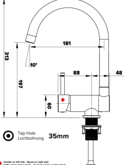 Wasserhahn Vorfenster Küchenarmatur, Umklappbar 6 CM, LINKER HEBEL, mit 360° schwenkbarem U-Auslauf, Verchromt