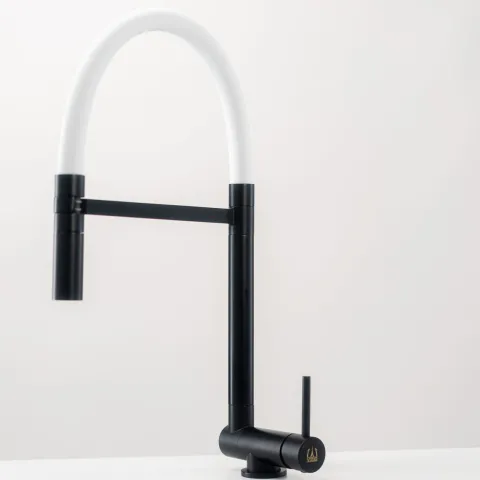 Wasserhahn Vorfenster Küchenarmatur, Umklappbar 4,5 CM, mit 360° schwenkbarem Auslauf, abnehmbare 2 strahl Handbrause, Schwarz Matt / Weiß