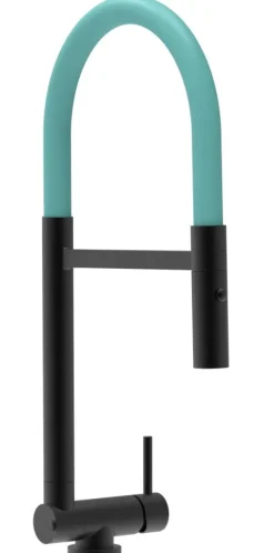 Wasserhahn Vorfenster Küchenarmatur, Umklappbar 4,5 CM, mit 360° schwenkbarem Auslauf, abnehmbare 2 strahl Handbrause, Schwarz Matt / Türkis