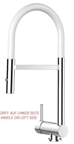 Wasserhahn Vorfenster Küchenarmatur, Umklappbar 6 CM, LINKER HEBEL, mit 360° schwenkbarem Auslauf abnehmbare 2 strahl Handbrause, Verchromt / Weiß