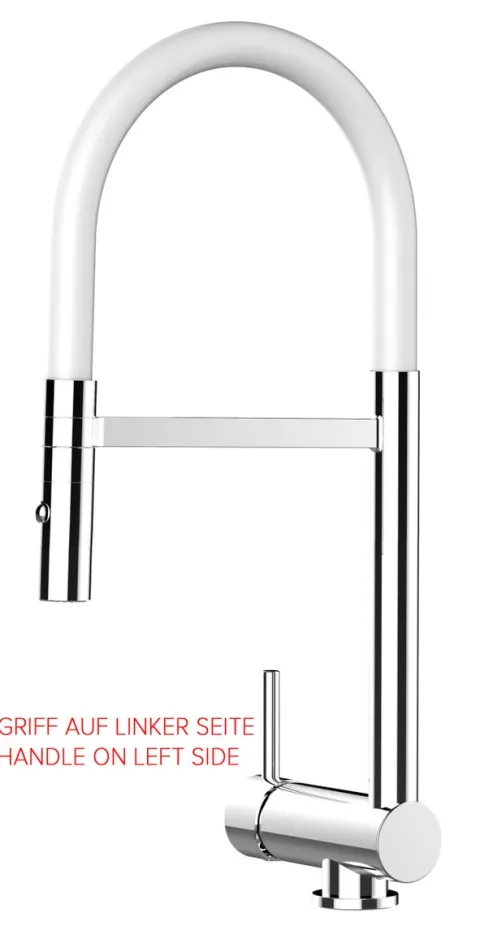 Wasserhahn Vorfenster Küchenarmatur, Umklappbar 6 CM, LINKER HEBEL, mit 360° schwenkbarem Auslauf abnehmbare 2 strahl Handbrause, Verchromt / Weiß