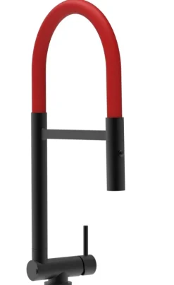 Wasserhahn Vorfenster Küchenarmatur, Umklappbar 4,5 CM, mit 360° schwenkbarem Auslauf, abnehmbare 2 strahl Handbrause, Schwarz Matt / Rot