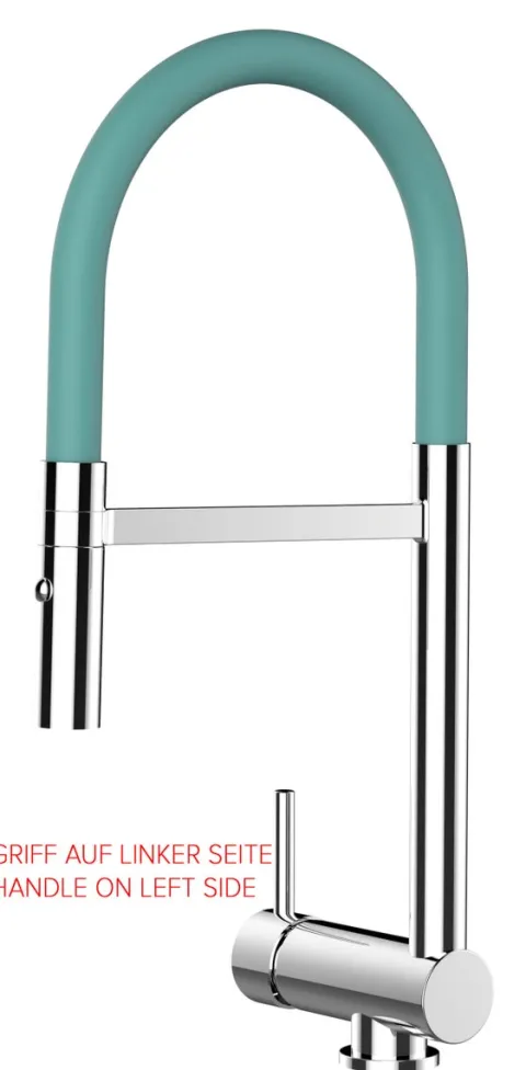 Wasserhahn Vorfenster Küchenarmatur, Umklappbar 6 CM, LINKER HEBEL, mit 360° schwenkbarem Auslauf abnehmbare 2 strahl Handbrause, Verchromt / Türkis