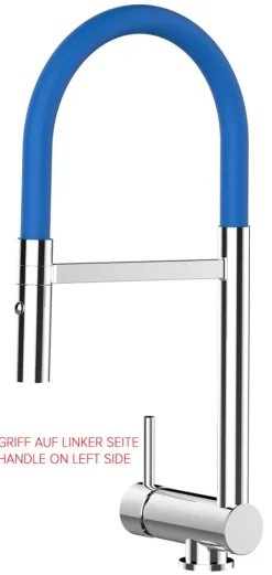 Wasserhahn Vorfenster Küchenarmatur, Umklappbar 6 CM, LINKER HEBEL, mit 360° schwenkbarem Auslauf abnehmbare 2 strahl Handbrause, Verchromt / Blau
