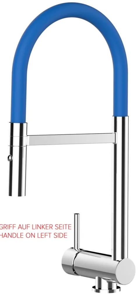 Wasserhahn Vorfenster Küchenarmatur, Umklappbar 6 CM, LINKER HEBEL, mit 360° schwenkbarem Auslauf abnehmbare 2 strahl Handbrause, Verchromt / Blau
