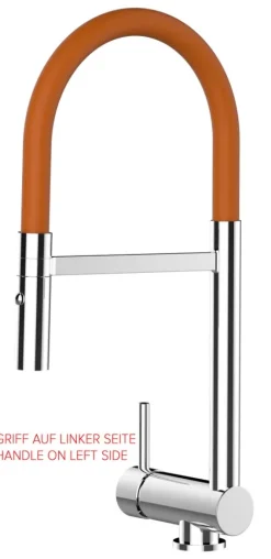 Wasserhahn Vorfenster Küchenarmatur, Umklappbar 6 CM, LINKER HEBEL, mit 360° schwenkbarem Auslauf abnehmbare 2 strahl Handbrause, Verchromt / Orange