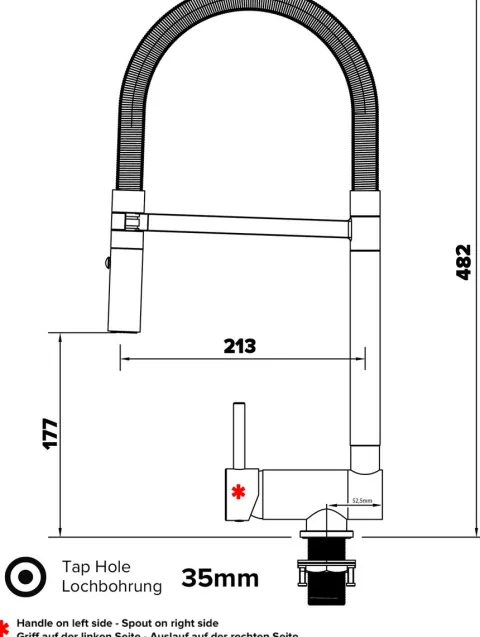 Wasserhahn Vorfenster Küchenarmatur, Umklappbar 6 CM, LINKER HEBEL, mit 360° schwenkbarem Auslauf abnehmbare 2 strahl Handbrause, Verchromt / Gelb