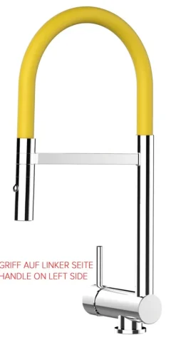 Wasserhahn Vorfenster Küchenarmatur, Umklappbar 6 CM, LINKER HEBEL, mit 360° schwenkbarem Auslauf abnehmbare 2 strahl Handbrause, Verchromt / Gelb