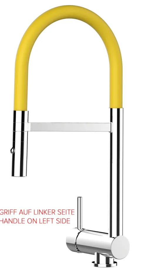 Wasserhahn Vorfenster Küchenarmatur, Umklappbar 6 CM, LINKER HEBEL, mit 360° schwenkbarem Auslauf abnehmbare 2 strahl Handbrause, Verchromt / Gelb