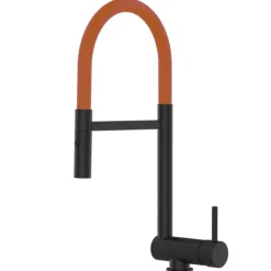 Wasserhahn Vorfenster Küchenarmatur, Umklappbar 6 CM, mit 360° schwenkbarem Auslauf, abnehmbare 2 strahl Handbrause, Schwarz Matt / Orange