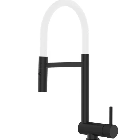 Wasserhahn Vorfenster Küchenarmatur, Umklappbar 6 CM, mit 360° schwenkbarem Auslauf, abnehmbare 2 strahl Handbrause, Schwarz Matt / Weiß