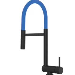 Wasserhahn Vorfenster Küchenarmatur, Umklappbar 6 CM, mit 360° schwenkbarem Auslauf, abnehmbare 2 strahl Handbrause, Schwarz Matt / Blau