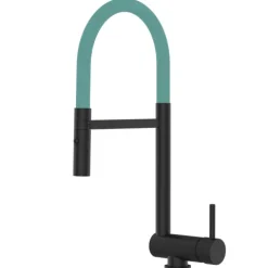 Wasserhahn Vorfenster Küchenarmatur, Umklappbar 6 CM, mit 360° schwenkbarem Auslauf, abnehmbare 2 strahl Handbrause, Schwarz Matt / Türkis