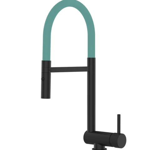 Wasserhahn Vorfenster Küchenarmatur, Umklappbar 6 CM, mit 360° schwenkbarem Auslauf, abnehmbare 2 strahl Handbrause, Schwarz Matt / Türkis