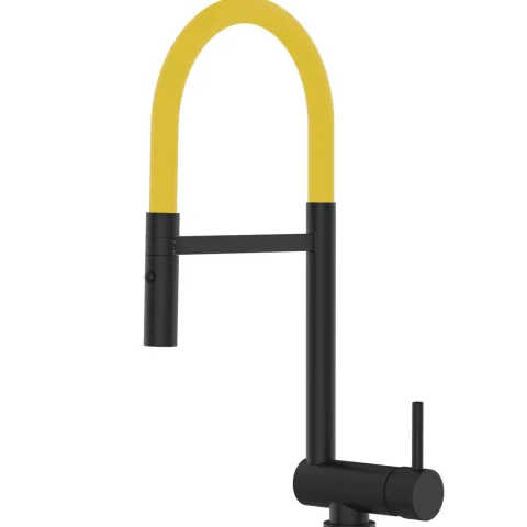 Wasserhahn Vorfenster Küchenarmatur, Umklappbar 6 CM, mit 360° schwenkbarem Auslauf, abnehmbare 2 strahl Handbrause, Schwarz Matt / Gelb