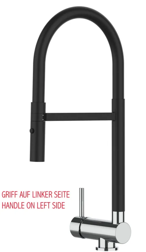 Wasserhahn Vorfenster Küchenarmatur, Umklappbar 6 CM, LINKER HEBEL, mit 360° schwenkbarem Auslauf abnehmbare 2 strahl Handbrause, Schwarz Matt und Verchromt