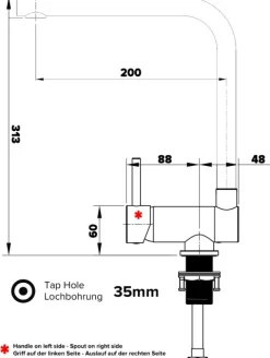 Wasserhahn Vorfenster Küchenarmatur, Umklappbar 6 CM, LINKER HEBEL, mit 360° schwenkbarem L-Auslauf, Verchromt / Schwarz Granit