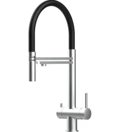 3 Wege Wasserhahn Küchenarmatur, Edelstahl Massiv mit 360° schwenkbarem Auslauf, abnehmbare 2 strahl Handbrause, Gebürstet / Schwarz