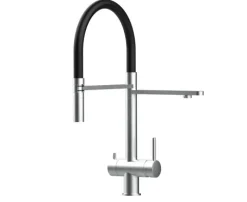 3 Wege Wasserhahn Küchenarmatur, Edelstahl Massiv mit 360° schwenkbarem Auslauf, abnehmbare 2 strahl Handbrause, Gebürstet / Schwarz