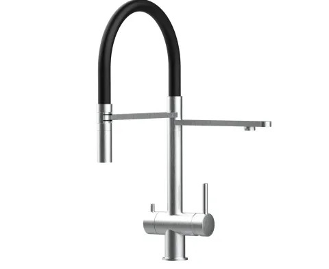 3 Wege Wasserhahn Küchenarmatur, Edelstahl Massiv mit 360° schwenkbarem Auslauf, abnehmbare 2 strahl Handbrause, Gebürstet / Schwarz