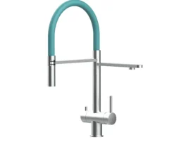 3 Wege Wasserhahn Küchenarmatur, Edelstahl Massiv mit 360° schwenkbarem Auslauf, abnehmbare 2 strahl Handbrause, Gebürstet / Türkis