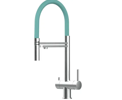 3 Wege Wasserhahn Küchenarmatur, Edelstahl Massiv mit 360° schwenkbarem Auslauf, abnehmbare 2 strahl Handbrause, Gebürstet / Türkis