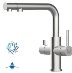 4 Wege Wasserhahn Küchenarmatur, Edelstahl Massiv mit schwenkbarem L-Auslauf und herausziehbarer Brause, Gebürstet