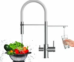 3 Wege Wasserhahn Küchenarmatur, FL, mit 360° schwenkbarem Auslauf, abnehmbare 2 strahl Handbrause, Verchromt / Weiß
