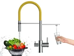 3 Wege Wasserhahn Küchenarmatur, FL, mit 360° schwenkbarem Auslauf, abnehmbare 2 strahl Handbrause, Verchromt / Gelb