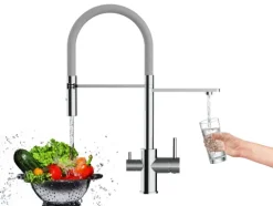 3 Wege Wasserhahn Küchenarmatur, FL, mit 360° schwenkbarem Auslauf, abnehmbare 2 strahl Handbrause, Verchromt / Grau