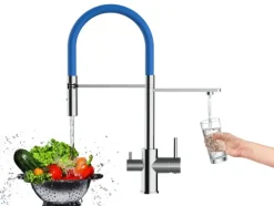 3 Wege Wasserhahn Küchenarmatur, FL, mit 360° schwenkbarem Auslauf, abnehmbare 2 strahl Handbrause, Verchromt / Blau