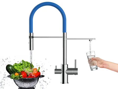 3 Wege Wasserhahn Küchenarmatur, FL, mit 360° schwenkbarem Auslauf, abnehmbare 2 strahl Handbrause, Verchromt / Blau