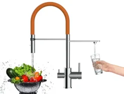 3 Wege Wasserhahn Küchenarmatur, FL, mit 360° schwenkbarem Auslauf, abnehmbare 2 strahl Handbrause, Verchromt / Orange