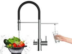 3 Wege Wasserhahn Küchenarmatur, FL, mit 360° schwenkbarem Auslauf, abnehmbare 2 strahl Handbrause, Verchromt / Schwarz