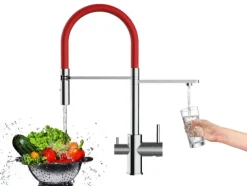 3 Wege Wasserhahn Küchenarmatur, FL, mit 360° schwenkbarem Auslauf, abnehmbare 2 strahl Handbrause, Verchromt / Rot