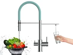 3 Wege Wasserhahn Küchenarmatur, FL, mit 360° schwenkbarem Auslauf, abnehmbare 2 strahl Handbrause, Verchromt / Türkis