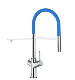 3 Wege Wasserhahn Küchenarmatur, BOD, mit 360° schwenkbarem Auslauf, abnehmbare 2 strahl Handbrause, Verchromt / Blau