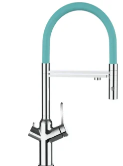 3 Wege Wasserhahn Küchenarmatur, BOD, mit 360° schwenkbarem Auslauf, abnehmbare 2 strahl Handbrause, Verchromt / Türkis