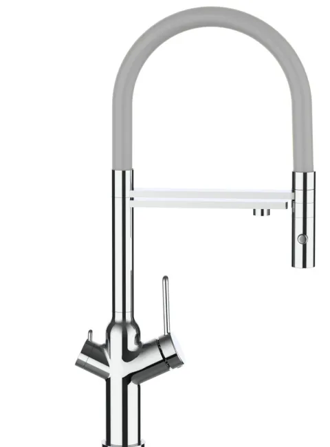 3 Wege Wasserhahn Küchenarmatur, BOD, mit 360° schwenkbarem Auslauf, abnehmbare 2 strahl Handbrause, Verchromt / Grau