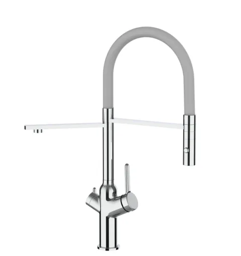 3 Wege Wasserhahn Küchenarmatur, BOD, mit 360° schwenkbarem Auslauf, abnehmbare 2 strahl Handbrause, Verchromt / Grau