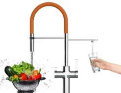 3 Wege Wasserhahn Küchenarmatur, FC, mit 360° schwenkbarem Auslauf, abnehmbare 2 strahl Handbrause, Verchromt / Orange