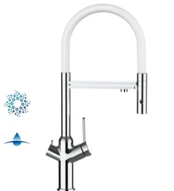 4 Wege Wasserhahn Küchenarmatur, BOD, mit 360° schwenkbarem Auslauf, abnehmbare 2 strahl Handbrause, Verchromt / Weiß