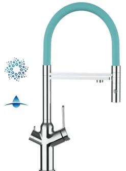 4 Wege Wasserhahn Küchenarmatur, BOD, mit 360° schwenkbarem Auslauf, abnehmbare 2 strahl Handbrause, Verchromt / Türkis