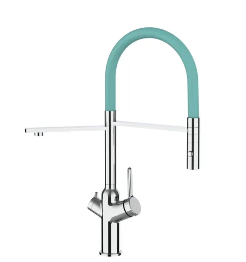4 Wege Wasserhahn Küchenarmatur, BOD, mit 360° schwenkbarem Auslauf, abnehmbare 2 strahl Handbrause, Verchromt / Türkis