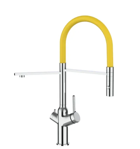 3 Wege Wasserhahn Küchenarmatur, BOD, mit 360° schwenkbarem Auslauf, abnehmbare 2 strahl Handbrause, Verchromt / Gelb