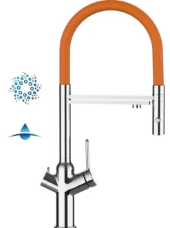 4 Wege Wasserhahn Küchenarmatur, BOD, mit 360° schwenkbarem Auslauf, abnehmbare 2 strahl Handbrause, Verchromt / Orange