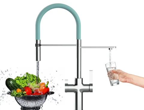 4 Wege Wasserhahn Küchenarmatur, FC, mit 360° schwenkbarem Auslauf, abnehmbare 2 strahl Handbrause, Verchromt / Türkis