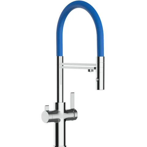 3 Wege Wasserhahn Küchenarmatur, FC, mit 360° schwenkbarem Auslauf, abnehmbare 2 strahl Handbrause, Verchromt / Blau