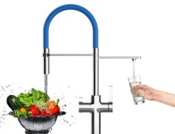 3 Wege Wasserhahn Küchenarmatur, FC, mit 360° schwenkbarem Auslauf, abnehmbare 2 strahl Handbrause, Verchromt / Blau